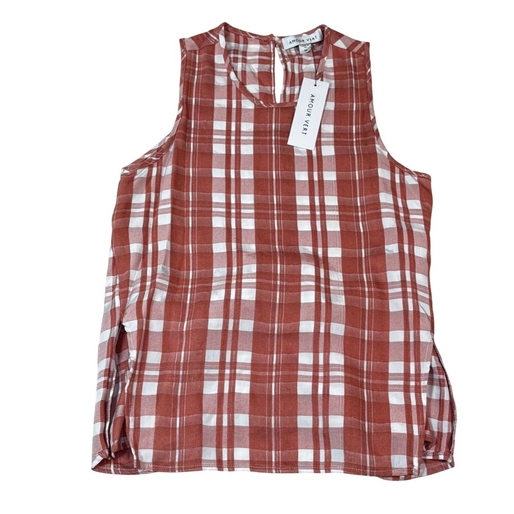 Amour Vert Natalie Plaid Sleeveless Split Side Top Rust White XS NWT $128